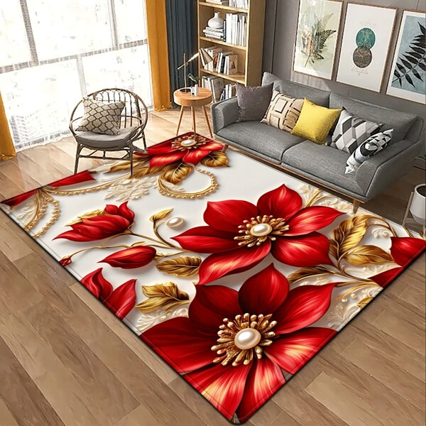 1pc Christmas Theme Red Flower Rug, Suitable For Bedroom, Living Room, Bathroom, Kitchen