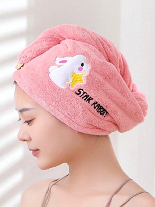 1/2pcs Cute Pink Cartoon Rabbit Pattern Polyester Microfiber Hair Drying Towel Wrap, Absorbent Quick Dry Thickened Shower Cap For Bathroom, Living Room, Salon, Makeup Removal, All Seasons Home Bathroom Decor Back To School Hair Bonnet Shower Towels For Beaty Salon, Hotel Sports,Home Essentials, Towel, Skin Care