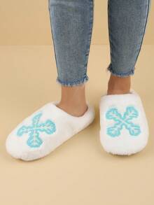 女士保暖拖鞋，卡通刺绣毛绒冬季室内保暖毛绒拖鞋，时尚 - 白色 - 查看 2