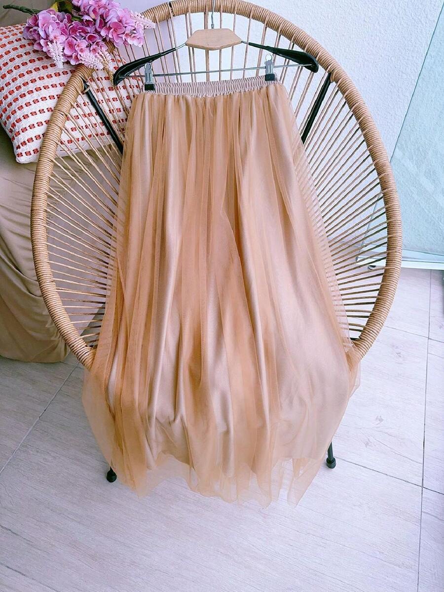 Long Tulle Skirt With Lining Women's Fashion - Màu Khaki - Xem 1
