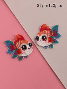 2 件/套卡通动物鱼形刺绣熨烫补丁，独特设计，适合 DIY 服装和配饰 - 帽子、牛仔裤、童装等。可爱卡通刺绣贴花 - 彩色 - 查看 7
