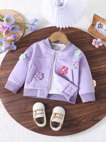 Áo nỉ dệt kim họa tiết hoa dễ thương cho bé gái & Áo nỉ có gân - Màu tím - Xem 1