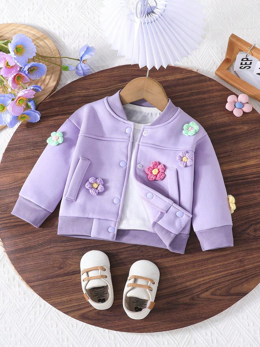 Áo nỉ dệt kim họa tiết hoa dễ thương cho bé gái & Áo nỉ có gân - Màu tím - Xem 1