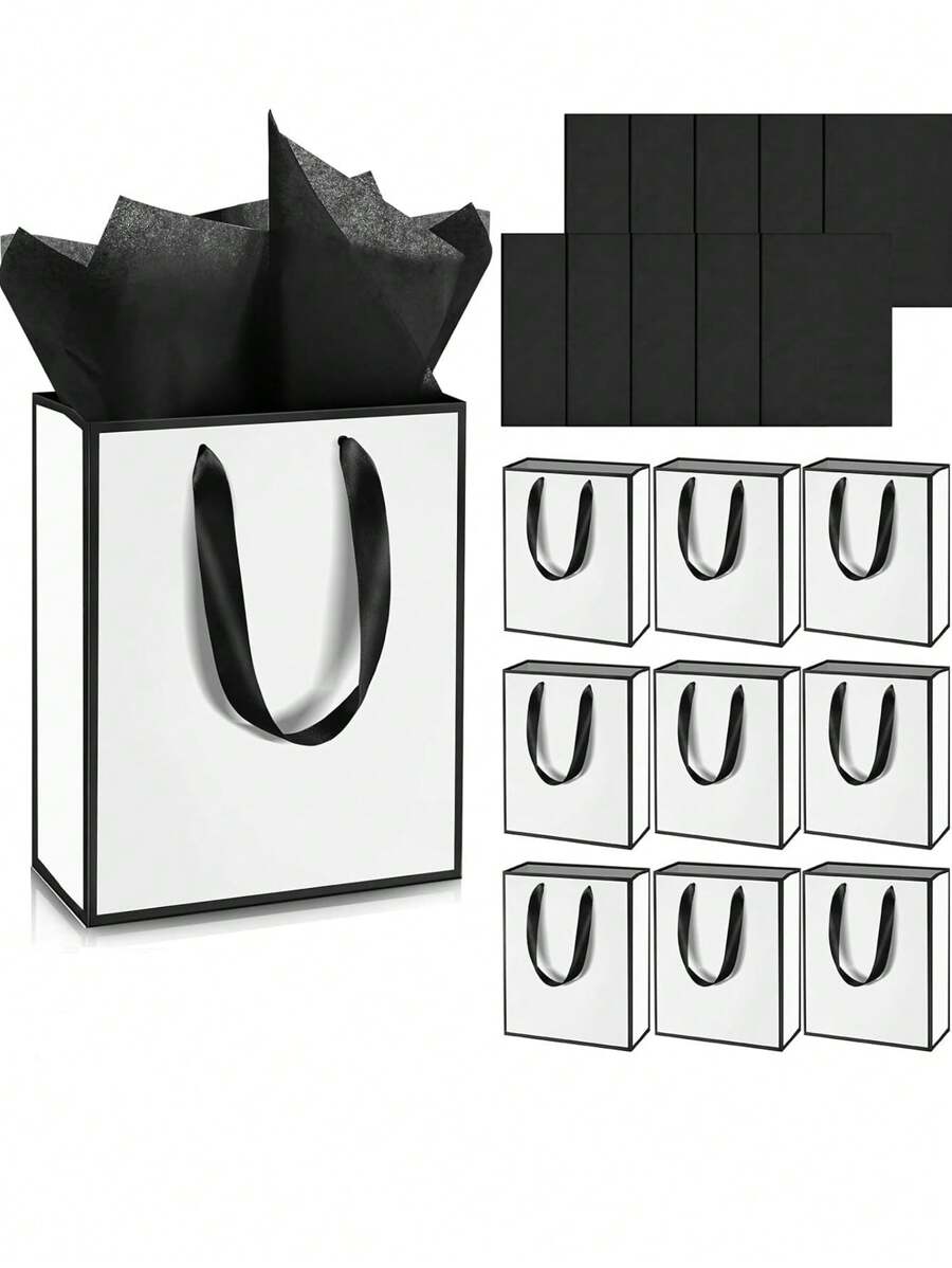 40pcs(20set)/20pcs(10set)-4pcs-Metallic Paper Gift Bags With Handles And Tissue - Thank You Favorite Bags - Fall Party Christmas Diwali Bride (White, Black) - Black and White - View 1