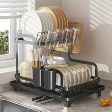 1 件厨房碗碟沥水架，台面餐具收纳架，双层碗碟干燥架，多功能 - 黑色 - 查看 4