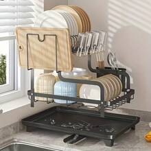 1 件厨房碗碟沥水架，台面餐具收纳架，双层碗碟干燥架，多功能 - 黑色 - 查看 5