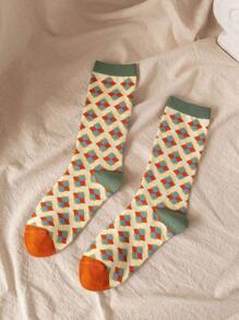 1-5 Pairs Of Women's Fashion Contrasting Color Rhombus, Cute Cartoon Flower & Strawberry Pattern Socks, Casual Versatile For Daily Wear - Multicolor - View 5