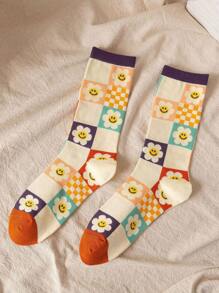 1-5 Pairs Of Women's Fashion Contrasting Color Rhombus, Cute Cartoon Flower & Strawberry Pattern Socks, Casual Versatile For Daily Wear - Multicolor - View 4