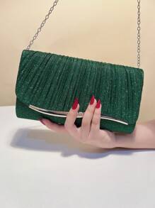 Green Merry Christmas Day Holiday Gift Bags Small Envelope Clutch Bag Color Classic Fashion Handbag Banquet Party Evening Bag Shiny Glitter Metal Chain Cross-Body Bag - Green - View 5
