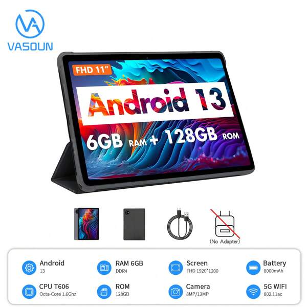 VASOUN TAB15 11 Inch Android 13 Tablet (T606 8-Core 12NM UFS2.1 1.6Ghz/6GB RAM/128GB Rom Supports 1TB SD Expansion/ 1920*1200 FHD Incell Screen/4G SIMLTE/5G WIFI 802.11ac/BT 5.0/8000mah/Type-C/8mp+13mp Camera/ With Free Leather Case(No Adapter)