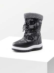 Boys Mid Calf Snow Boots Water-Resistant Upper Camouflage Slip Resistant Lined Winter Shoes Side Zipper For Little/Big Kid Snowball Fights And Ski - ĐEN/TRẮNG - Xem 1