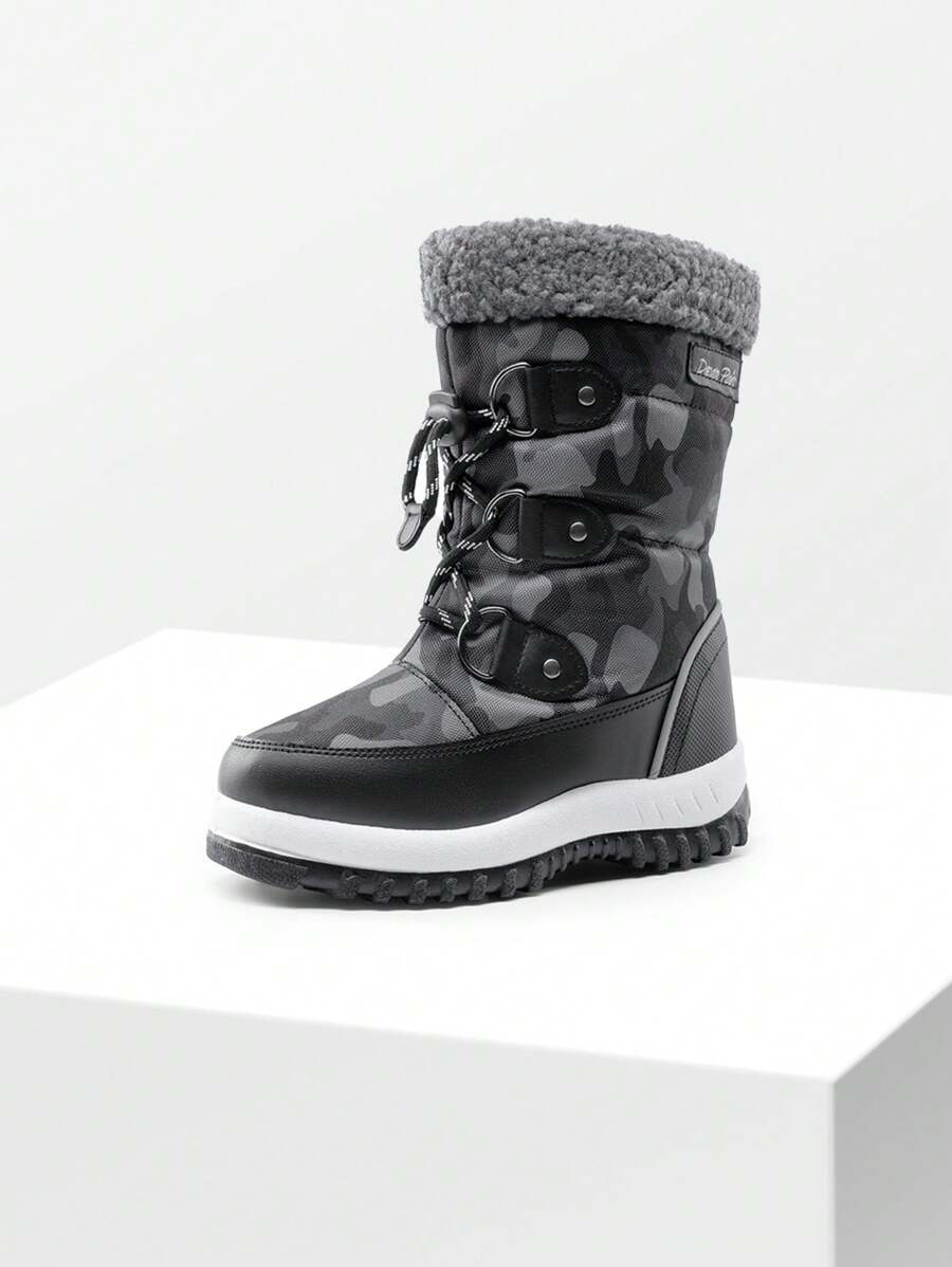 Boys Mid Calf Snow Boots Water-Resistant Upper Camouflage Slip Resistant Lined Winter Shoes Side Zipper For Little/Big Kid Snowball Fights And Ski - ĐEN/TRẮNG - Xem 1