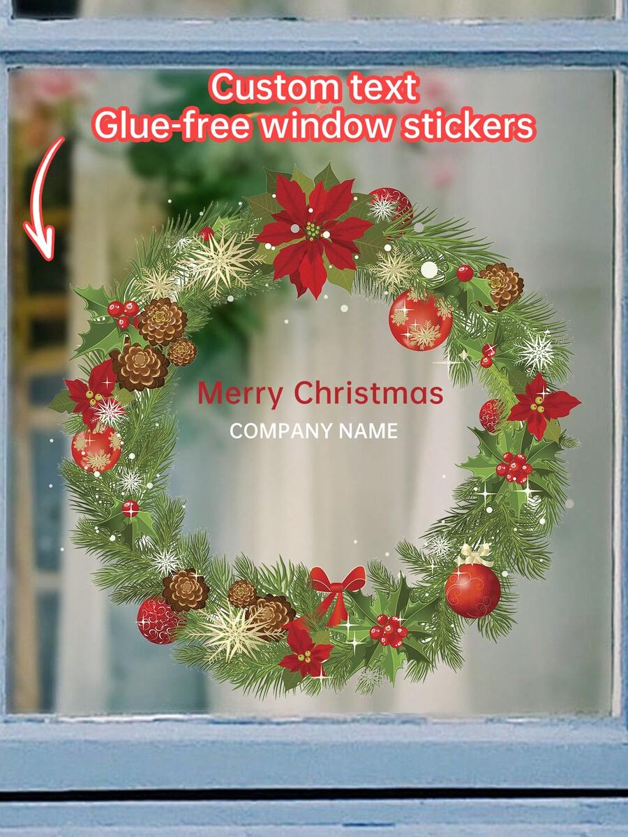 1pc Custom Christmas Decoration Window Stickers, Christmas Wreath Pattern Glass Window Stickers, Personalised Text Custom Stickers, Non-Adhesive Self-Adhesive Decorative Wall Stickers,