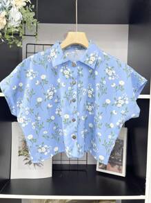 ELLIE Casual Striped Print Loose Cropped Shirt - 藍色的花 - 查看 1