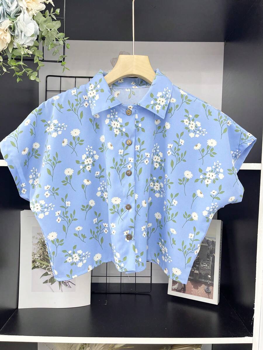 ELLIE Casual Striped Print Loose Cropped Shirt - 藍色的花 - 查看 1
