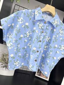 ELLIE Casual Striped Print Loose Cropped Shirt - 藍色的花 - 查看 2