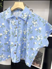 ELLIE Casual Striped Print Loose Cropped Shirt - 藍色的花 - 查看 3