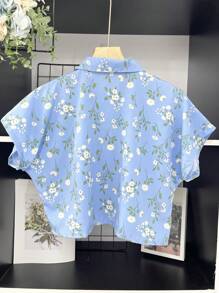 ELLIE Casual Striped Print Loose Cropped Shirt - 藍色的花 - 查看 4