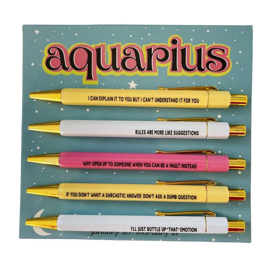 12pcs Zodiac Sign Themed Ballpoint Pen Set, Unique Press-Type Design, Black Ink Ballpoint Pen, Interesting Paper Card Pen, Suitable For Creative Writing, Art Expression And Daily Use, Ballpoint Pen Gift For Friends - Aquarius - View 1