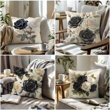 4pcs Vintage Watercolor Black & White Rose Pillow Cover Set, Single-Sided Printed Peach Velvet Material, 45*45/50*50/40*40CM Cushion Cover For Modern Fabric Sofa Indoor Decor, Party Decoration, Gift
