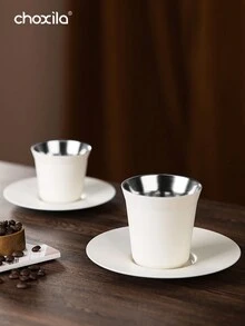 choxila Bộ 2 cốc cà phê bằng thép không gỉ 80/160ml kèm đĩa lót, cốc cà phê trắng, cốc cà phê Ả Rập có thiết kế bằng thép không gỉ chịu nhiệt hai lớp, thích hợp cho gia đình, nhà hàng, các dịp ngoài trời - tách cà phê - Xem 2