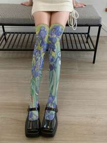 1 Pair Classic Iris Flower Printed Over-The-Knee Socks, E-Girl