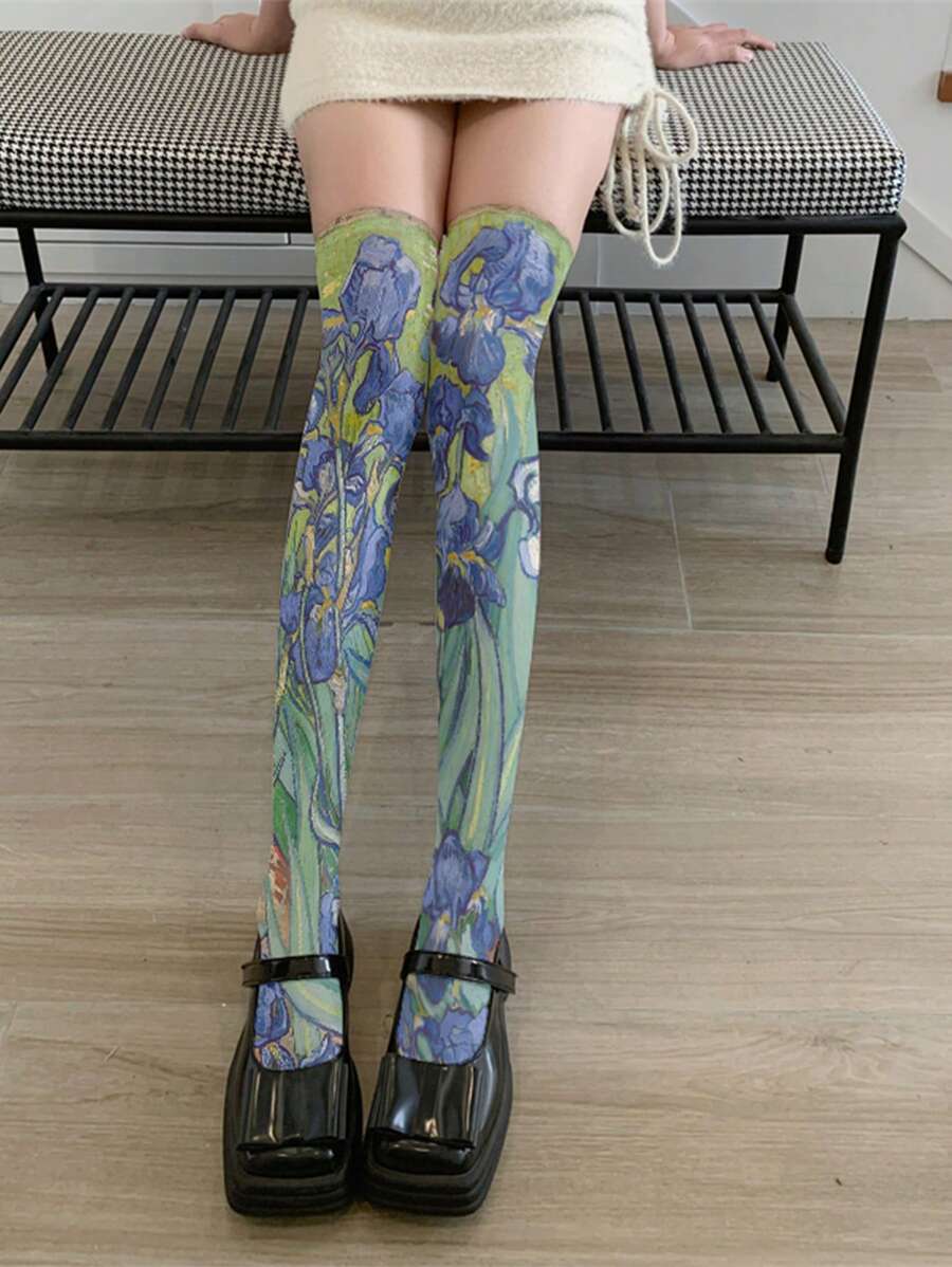 1 Pair Classic Iris Flower Printed Over-The-Knee Socks, E-Girl