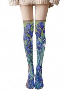 1 Pair Classic Iris Flower Printed Over-The-Knee Socks, E-Girl