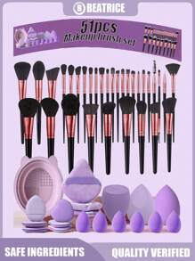 51pcs Makeup Brush Set Including: 32pcs Face, Eye, Eyebrow, Foundation, Blush, Mixing, Concealer, Lip, Detail, Nose Contour, Eyeliner, Powder, Nail, Face Mask Brushes, 1 Cleaning Bowl, 3 Mini Makeup Sponges, 3 Mini Heart Makeup Sponges, 3 Triangle Powder Puffs, 3 , 6 Mini