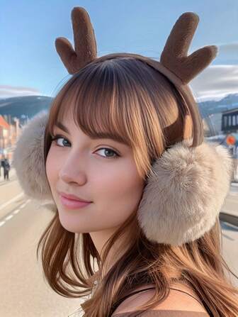 Christmas Antler Ear Muffs, Plush Warm Windproof Adjustable Foldable Earmuffs For Autumn/Winter
