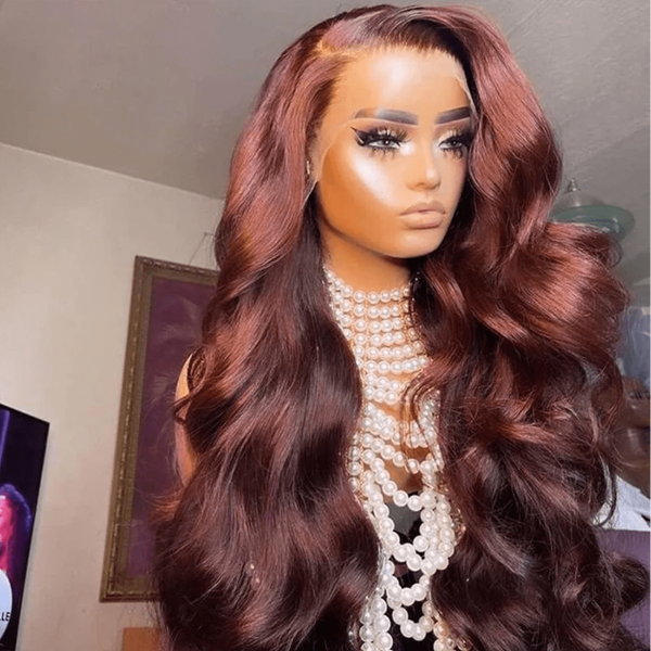 13x4 Reddish Brown Body Wave Lace Front Wigs Human Hair Pre Plucked 180% Density #33 Colored HD Transparent Lace Frontal Human Hair Wigs For Women