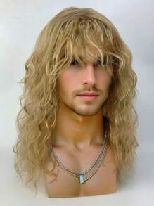 Synthetic Cospaly White Men's Wig With Bangs Natural Curls High Quality Party Rock Man's Hair Wig - Linen Gold - View 1
