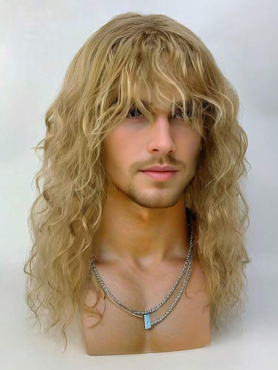 Synthetic Cospaly White Men's Wig With Bangs Natural Curls High Quality Party Rock Man's Hair Wig - Linen Gold - View 1