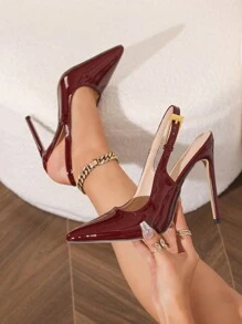 Damen Schuhe mit Spiegelmaterial Schnalle und feinem Absatz, Burgunderfarben, Neuankunft 2024, elegant, Damen Pumps, elegant, spitze Absätze - Bordeaux - Übersicht 6