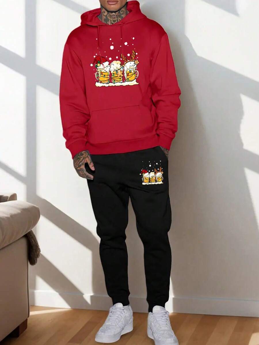 男士保暖内衬连帽衫和运动裤套装，加大码，毛绒套头衫和慢跑裤套装，2025 年秋冬系列