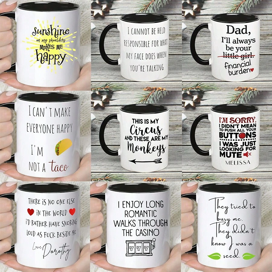 1 pieza Taza cerámica negra y blanca con gráfico de texto de 360ml, taza de café redonda, unisex, para viajes o campamentos, regalo personalizado para cumpleaños y vuelta al colegio