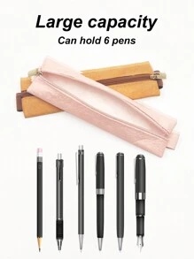 1pc Black/Brown/White/Pink Faux Leather Paper Pencil Case, Creative Zipper Closure Foldable Strap Design Large Capacity Durable Portable Stationery Storage Bag Suitable For Business Office, Students Back To School, Notebook, Planner, Books - Multicolor - View 6