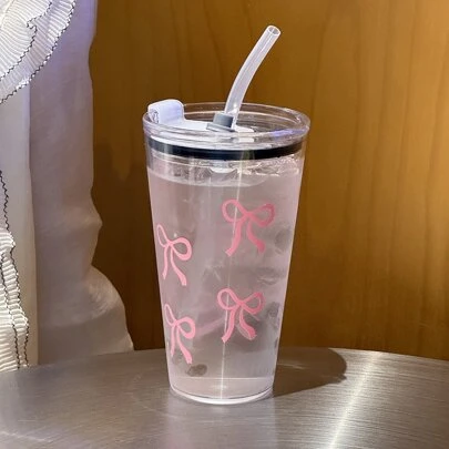 Bowknot Print Transparent Plastic Cup, Casual Water Bottle For Everyday Use Back To School