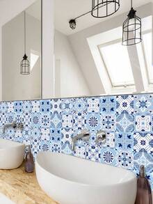 10 件套蓝白曼陀罗图案墙贴，适用于装饰浴室、客厅、厨房家具。防水防污，为您的家居带来独特风格。 - 藍色 - 查看 10