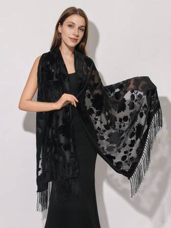 1件装女士黑色叶子图案围巾，手工蕾丝天鹅绒流苏围巾，时尚百搭新款派对披肩，温暖优雅的情人节礼物