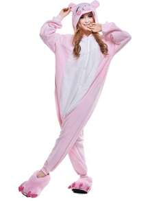 1pc秋冬季卡通粉红猪连体衣睡衣法兰绒睡衣动物睡衣情侣睡衣男女家居服 - 彩色 - 查看 1