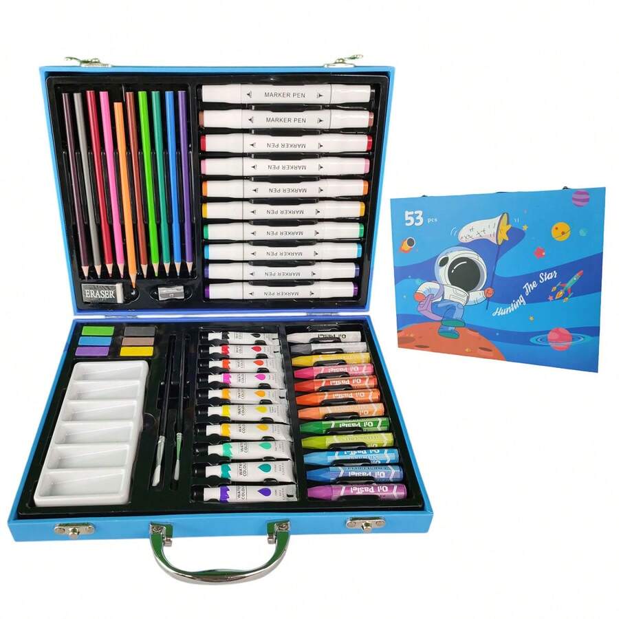 Children's Painting Case Child Pencil Case 53 Pieces Pen Paint Colored Pencil Brush Drawing Painting Fun Leisure Creativity Entertainment - 藍色 - 查看 1