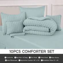 10-Piece Comforter Set - Lux Decor - Down Alternative - Seersucker Lightweight Comforter Set With Sheets - All-Season Warmth & Breathability - Enhance Your Space With Cozy Elegance - Soft Bedspreads - Luxury Bedding Sets - Back To School - Graduation Gifts - Lightweight Comforter - Home Decor - Embrace Comfort In Every Season - Softness And Style Combined - All-Season Bedding Set -, Cozy Bedding, Soft Bedding, Luxury Bedroom Comfort, Valentine's Day Cozy Night, Spring Lightweight Bedding, All-Season Warmth, Duvet Insert, Cozy Blanket, Fluffy Fill, Box Stitch Design, Reversible Design, Hotel Collection Style, Soft Touch Fabric, Easy Wash Bedding, Daily Living, Home Basic, Family Use - 水藍色 - 查看 4