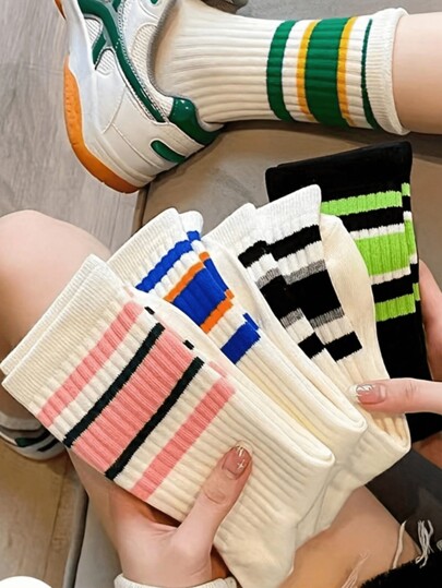 5 Pairs Assorted Color Striped Outdoor Sports Socks, Breathable Mid-Calf Socks, Versatile Stackable Socks For Women, Opaque Socks