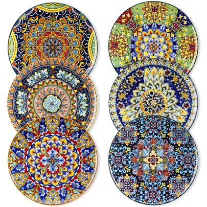 vancasso 6 Pieces Plate Set, Multicolour Set, Polychrome, Porcelain Dinnerware,Poreclain Dinner Plate For 6 Person, Ceramic Stamping In Bohemian Style