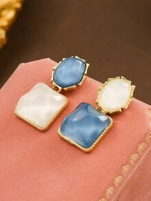 Hoa tai xanh mùa thu đông nóng bỏng Water Ripple Trang sức vuông cổ điển Thiết kế sang trọng độc đáo Hoa tai Sense cho phụ nữ - Nhiều màu - Xem 5