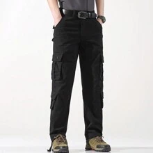 100% Cotton 8 Pockets Solid Color Cargo Pants For Men - Ultra Breathable, Comfy, And Practical Outdoor Pants With Multi Pockets For Hiking, Trekking, Traveling, And Casual Wear - Durable, Water-Resistant, And Quick-Drying - 黑色 - 查看 2