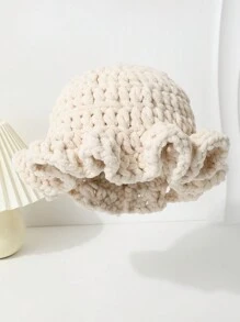 1 pieza Sombrero de cubo con volantes plisados de unicolor tejido a mano para mujer, diseño exagerado, gorro de invierno de moda