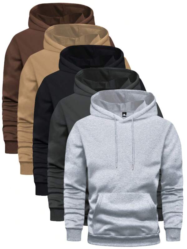 5 Pcs Men's Solid Color Hoodie - Soft, Breathable, Casual Long Sleeve Hooded Sweatshirt With Pocket For Outdoor Activities, Daily Wear, And Travel - Comfortable, Relaxed Fit, Light Gray + Dark Gray + Black + Khaki + Coffee