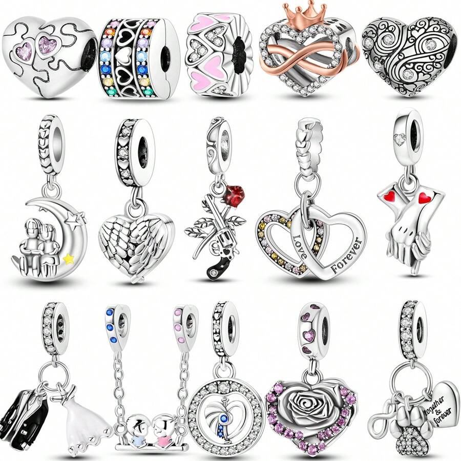 1 件银色浪漫爱情系列心形皇冠玫瑰婚纱串珠吊饰原创手链项链手镯钥匙扣周年纪念情人节送给爱人女孩